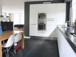 Kitchen design with black and white floor