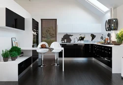Kitchen design with black and white floor