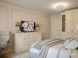 Дызайн спальні ў класічным стылі з белай мэбляй