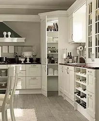 Kitchen design with corner cabinet and pantry