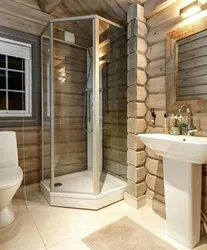 Bathroom design in a wooden house with tiles