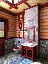 Bathroom design in a wooden house with tiles