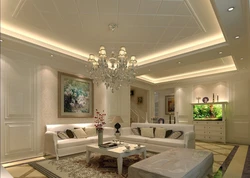 Photo of plasterboard ceilings with lighting in the living room