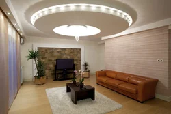 Photo of plasterboard ceilings with lighting in the living room