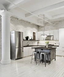 White Kitchen Interior In Loft Style