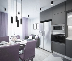 Kitchen design in 14 sq m modern style with a sofa