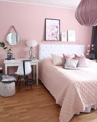 What colors goes with pink in a bedroom interior photo