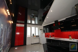 Black Glossy Stretch Ceiling In The Kitchen Photo