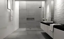 Ванна бөлмесінің дизайнындағы сұр фарфор плиткалары