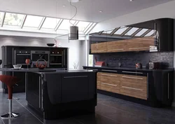 Black kitchen with wood design