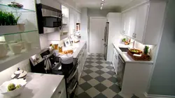 Small narrow kitchen design photo with refrigerator