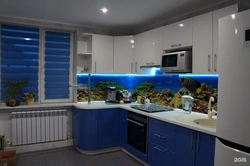 Kitchen design in white and blue tones