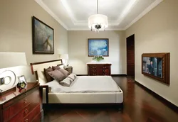 Bedroom with dark floor photo