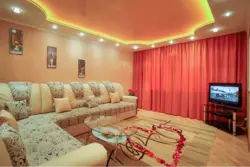 Suspended Ceiling In The Living Room With Lighting And Chandelier Photo