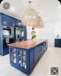 Синяя Кухня С Деревянной Столешницей В Интерьере Фото