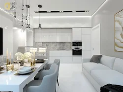 Дизайн совмещенной кухни и гостиной в белом цвете