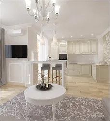 Design of a combined kitchen and living room in white