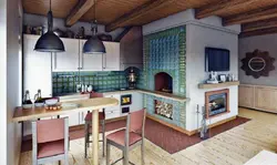 Кухня с печкой в деревенском доме дизайн фото