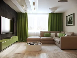 Living room design in gray and green tones
