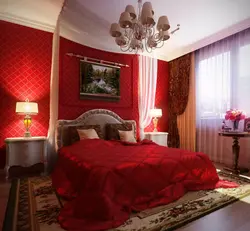 Tünd qırmızı rənglərdə yataq otağının interyeri
