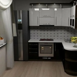 Photo of a kitchen with a right corner and a refrigerator