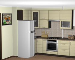 Photo of a kitchen with a right corner and a refrigerator