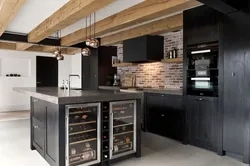 Black kitchen design with wood photo