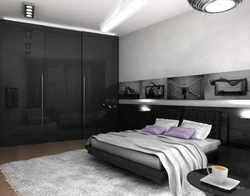 Bedroom design with gray bed and wardrobe