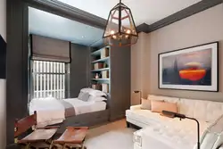 Bedroom design with bed and sofa in modern style