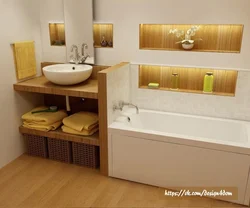 Интерьер ванны комнаты с полками