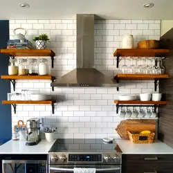 Kitchen design with wall shelves