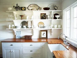 Kitchen design with wall shelves