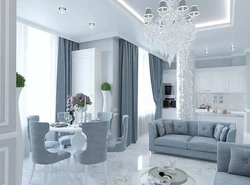 Kitchen living room interior in white and gray tones