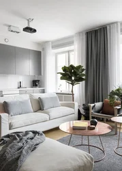 Kitchen living room interior in white and gray tones