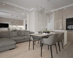 Kitchen Living Room Interior In White And Gray Tones