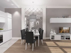 Kitchen living room interior in white and gray tones