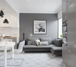 Kitchen living room interior in white and gray tones