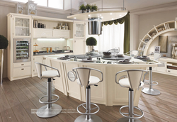 Photo of a kitchen with bar counters all made of wood