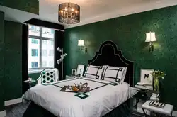 Bedroom interior with green wallpaper photo