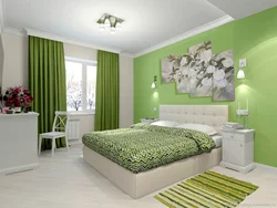 Інтэр'ер спальні з зялёнымі шпалерамі фота