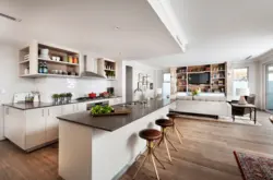 Interior of open kitchen with living room