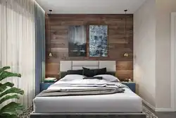 Bedroom interior with wooden wall photo