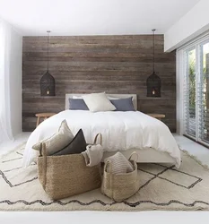 Bedroom interior with wooden wall photo