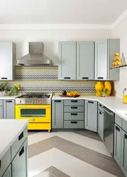 Gray-yellow kitchen design photo