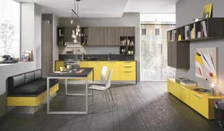 Gray-yellow kitchen design photo
