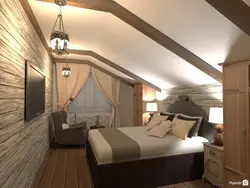 Спальня ў мансардзе драўлянага дома са скошанай столлю фота