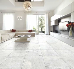 White porcelain stoneware floor in the interior of the kitchen living room