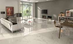 White porcelain stoneware floor in the interior of the kitchen living room