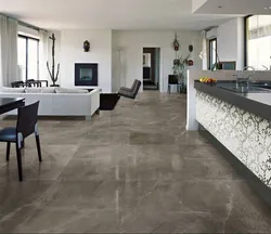 White porcelain stoneware floor in the interior of the kitchen living room