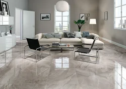 White porcelain stoneware floor in the interior of the kitchen living room